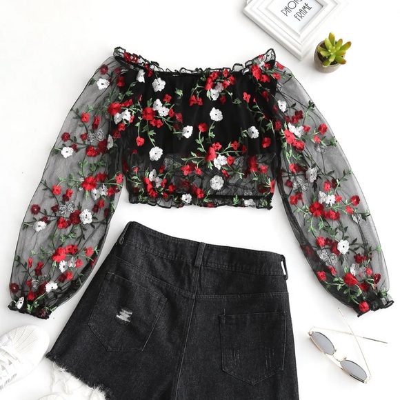 floral embroidered mesh top - Picture 4 of 8